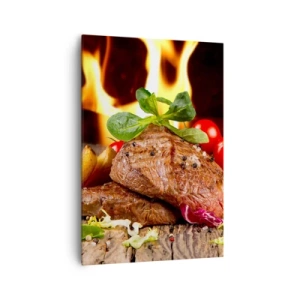 Cuadro sobre lienzo - Impresión de Imagen - Filete a la parrilla con acompañamientos con el telón de fondo de las llamas. - 70x100cm - Embrujo de fuego - Decoración de pared moderna para salón y dormitorio ARTTOR