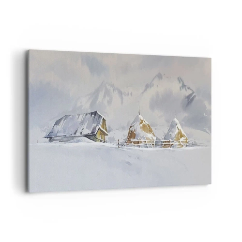 Cuadro sobre lienzo - Impresión de Imagen - Paisaje invernal con una cabaña y pajares en las montañas - 120x80cm - En un valle nevado - Decoración de pared moderna para salón y dormitorio ARTTOR
