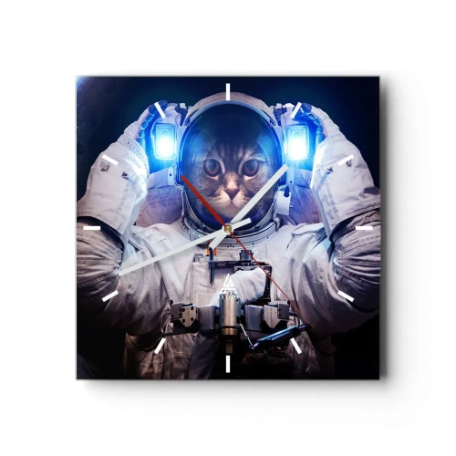 Reloj de pared - Reloj de vidrio - Un gato en un traje de astronauta con la Tierra al fondo y una luz brillante. - 30x30cm - Houston, tienes un problema. - Decoración de pared moderna para salón y dormitorio ARTTOR