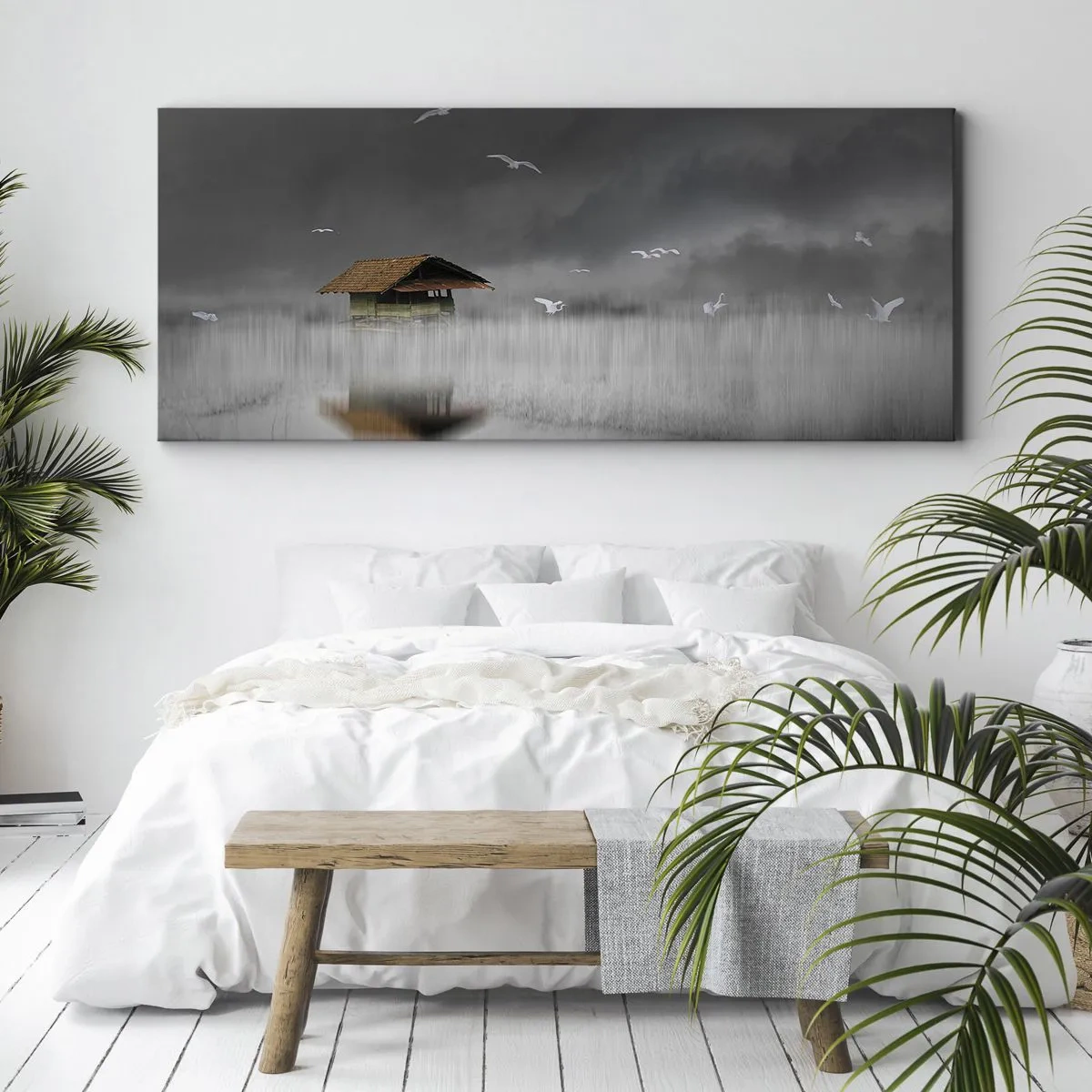 Cuadro sobre lienzo - Impresión de Imagen - Una cabaña solitaria sobre el agua rodeada de niebla y pájaros. - 120x50cm - Resguardo de la lluvia - Decoración de pared moderna para salón y dormitorio ARTTOR