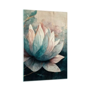 Cuadro sobre vidrio - Impresiones sobre Vidrio - Nenúfares sutiles en tonos pastel de azul y dorado. - 70x100cm - Estrellas de lago - Decoración de pared moderna para salón y dormitorio ARTTOR