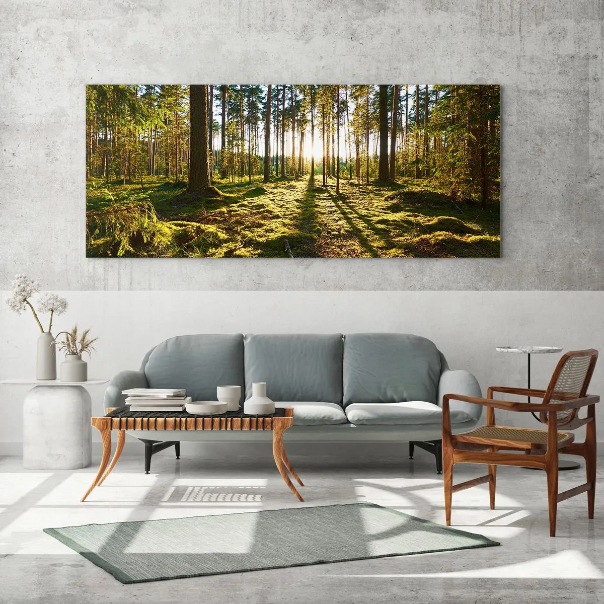 Cuadro sobre vidrio - Impresiones sobre Vidrio - Bosque verde iluminado por la luz del sol sobre el musgo. - 140x50cm - ...Más allá de los siete bosques - Decoración de pared moderna para salón y dormitorio ARTTOR