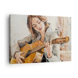 Cuadro sobre lienzo - Impresión de Imagen - Retrato de una niña tocando la guitarra en estilo pictórico con colores cálidos. - 70x50cm - Concierto de guitarra y corazón joven - Decoración de pared moderna para salón y dormitorio ARTTOR