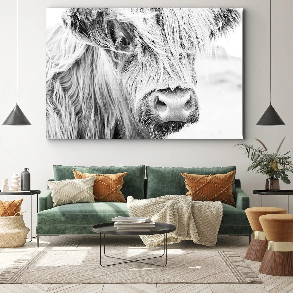 Cuadro sobre lienzo - Impresión de Imagen - Retrato de una vaca escocesa en blanco y negro - 70x50cm - La naturaleza escocesa - Decoración de pared moderna para salón y dormitorio ARTTOR