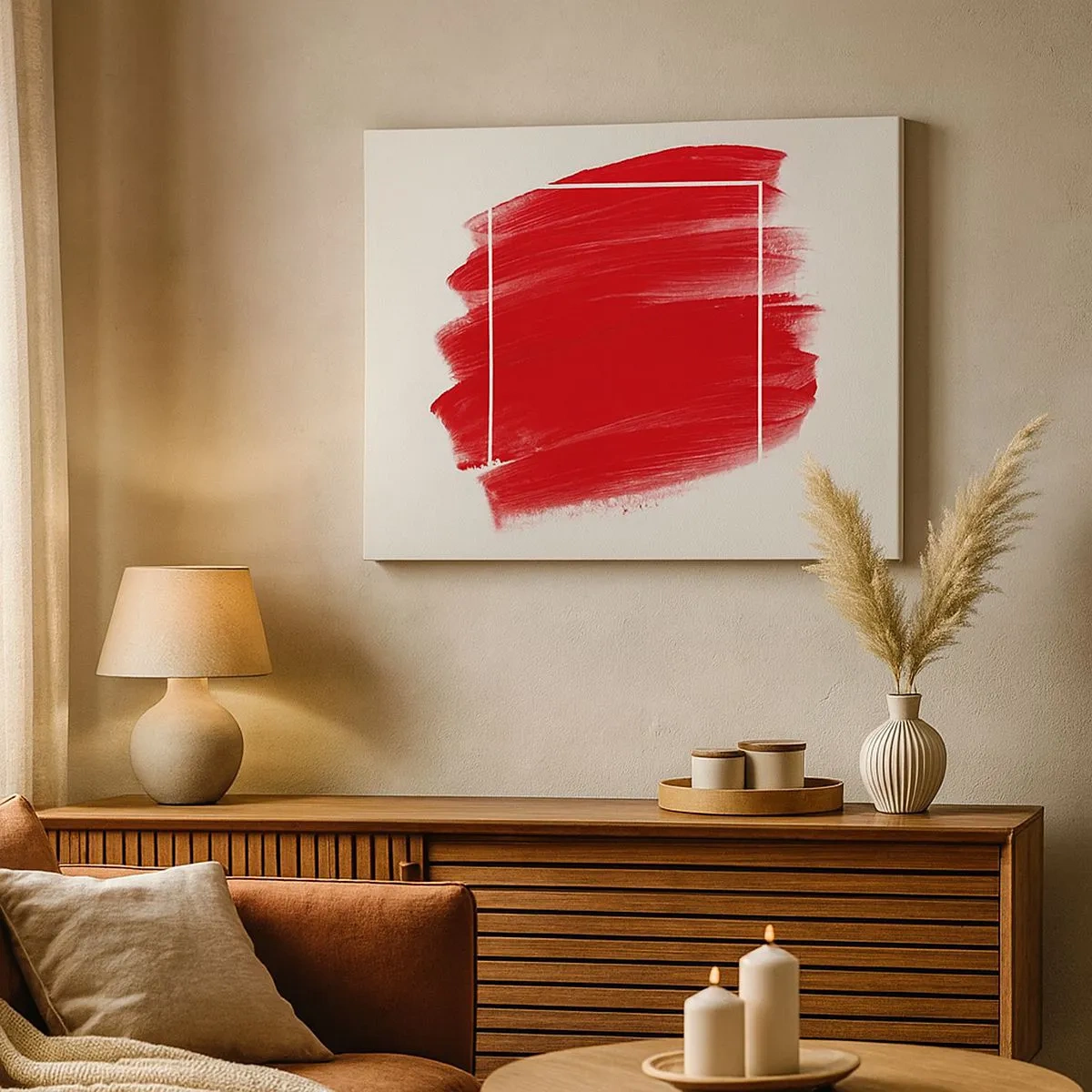Cuadro sobre lienzo - Impresión de Imagen - Trazo de pincel rojo con borde blanco - 70x50cm - Fuera del marco - Decoración de pared moderna para salón y dormitorio ARTTOR