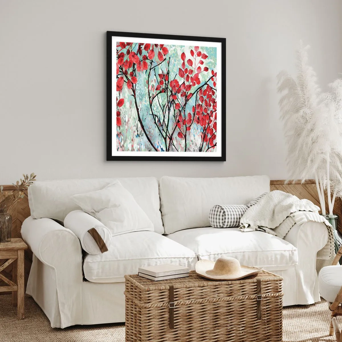 Póster en marco negro - Un árbol en escarlata - 30x30 cm