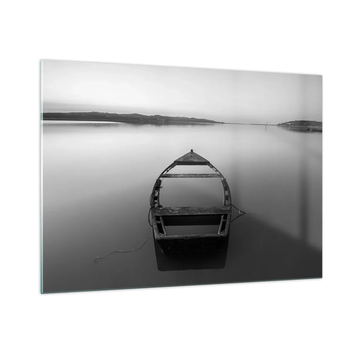 Cuadro sobre vidrio - Impresiones sobre Vidrio - Un viejo barco en una superficie de agua tranquila en blanco y negro. - 100x70cm - Anhelo y melancolía - Decoración de pared moderna para salón y dormitorio ARTTOR
