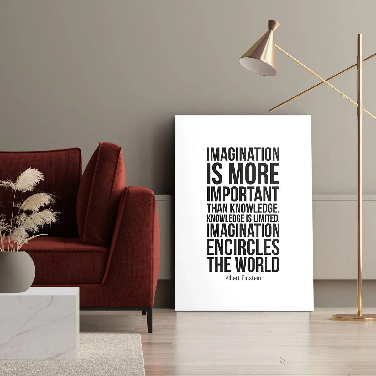 Cuadro sobre lienzo - Impresión de Imagen - Cita inspiradora sobre un fondo blanco en fuente negra. - 50x70cm - Einstein, sobre el poder de la imaginación - Decoración de pared moderna para salón y dormitorio ARTTOR