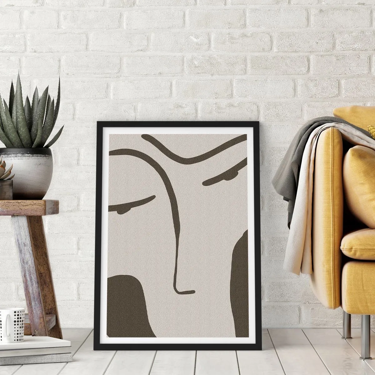 Póster en marco negro - Retrato de rostro minimalista - 50x70cm - Como salido de un cuadro de Modigliani - Decoración de pared moderna para salón y dormitorio ARTTOR
