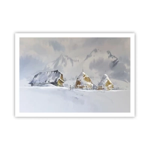 Póster - Paisaje invernal con una cabaña y pajares en las montañas - 100x70cm - En un valle nevado - Decoración de pared moderna para salón y dormitorio ARTTOR