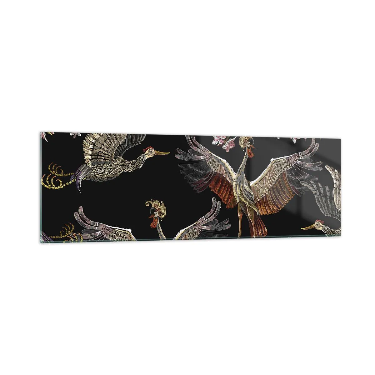 Cuadro sobre vidrio - Impresiones sobre Vidrio - Grullas y flores elegantes sobre un fondo negro. - 160x50cm - Aves de cuento de hadas - Decoración de pared moderna para salón y dormitorio ARTTOR