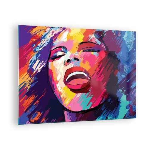 Cuadro sobre vidrio - Impresiones sobre Vidrio - Retrato abstracto de una mujer en colores intensos. - 70x50cm - Canta toda una vida - Decoración de pared moderna para salón y dormitorio ARTTOR