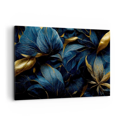 Cuadro sobre lienzo - Impresión de Imagen - Hojas elegantes en tonos dorados y azul marino. - 120x80cm - Forradas de oro - Decoración de pared moderna para salón y dormitorio ARTTOR