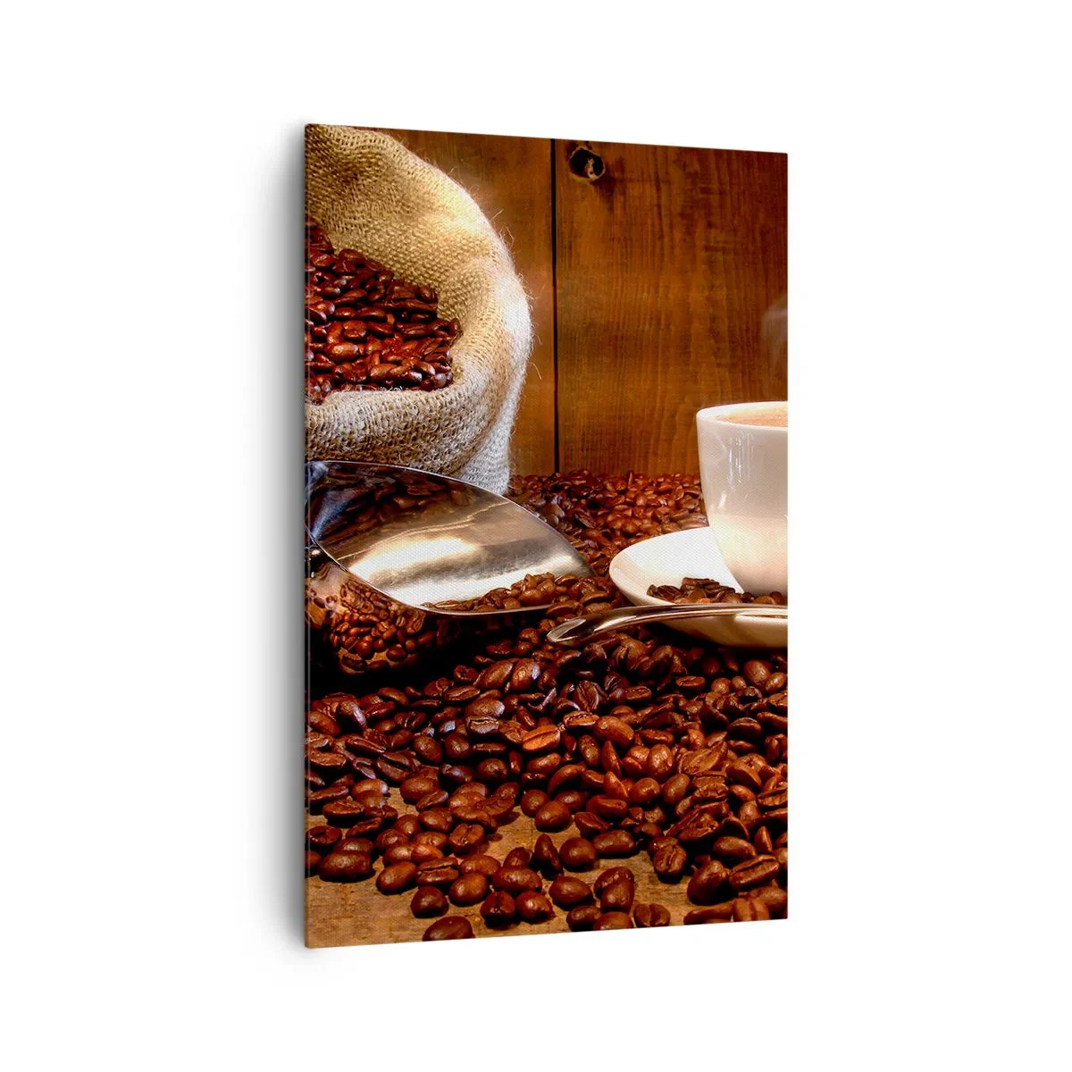 Cuadro sobre lienzo - Impresión de Imagen - Una taza de café con granos de café y una bolsa de granos al fondo. - 80x120cm - ¿Hueles eso? - Decoración de pared moderna para salón y dormitorio ARTTOR