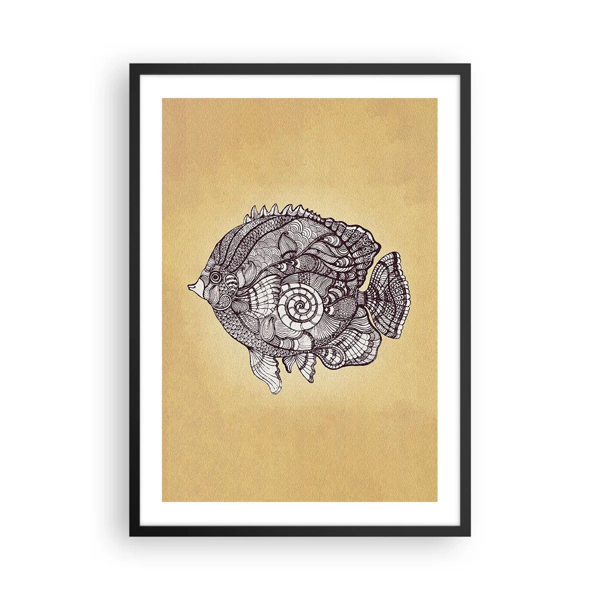 Póster en marco negro - Pez artístico estilo mandala sobre fondo beige - 50x70cm - De un océano de ornamentos - Decoración de pared moderna para salón y dormitorio ARTTOR