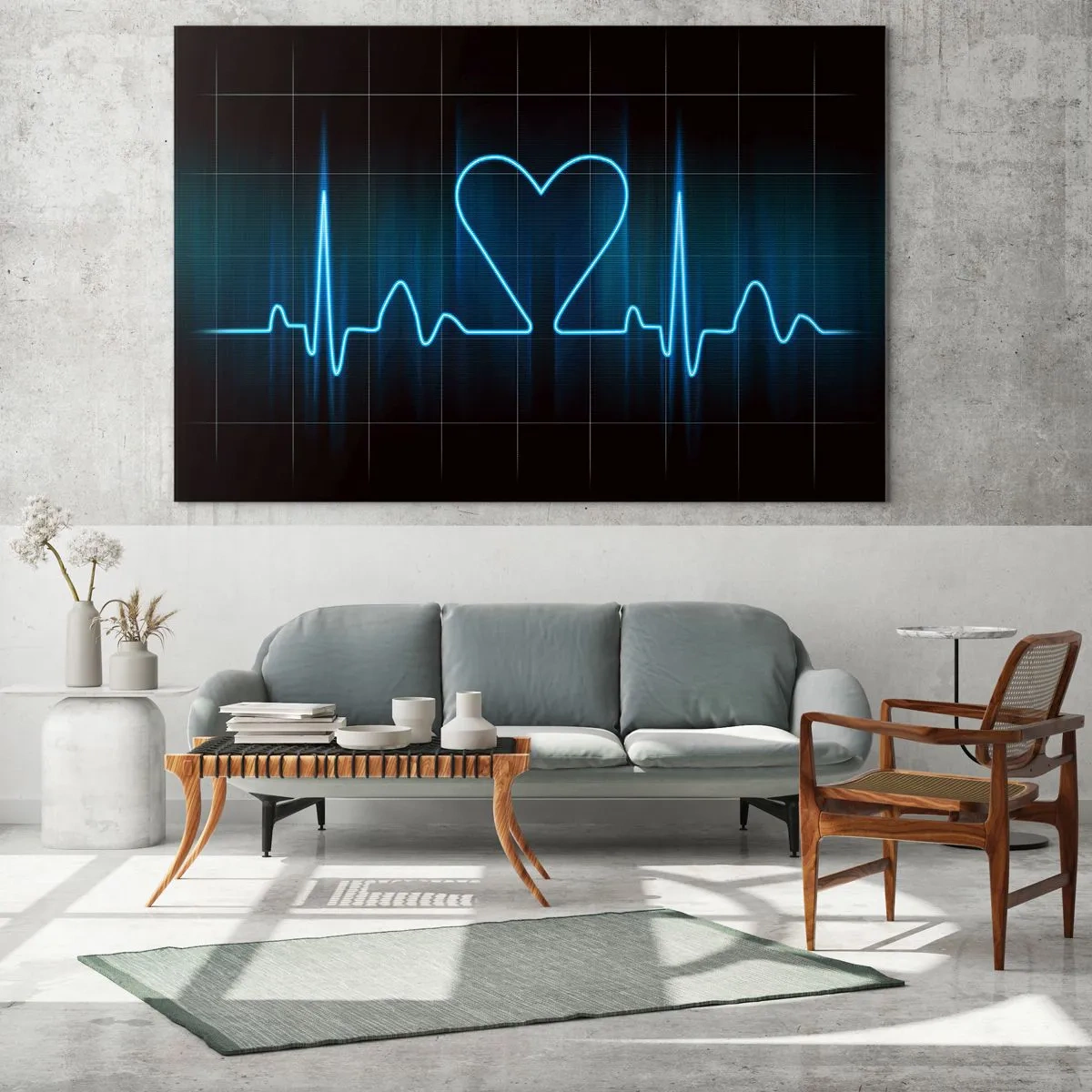 Cuadro sobre vidrio - Impresiones sobre Vidrio - Línea de vida con un corazón sobre un fondo oscuro en luz azul - 100x70cm - El ritmo del corazón - Decoración de pared moderna para salón y dormitorio ARTTOR