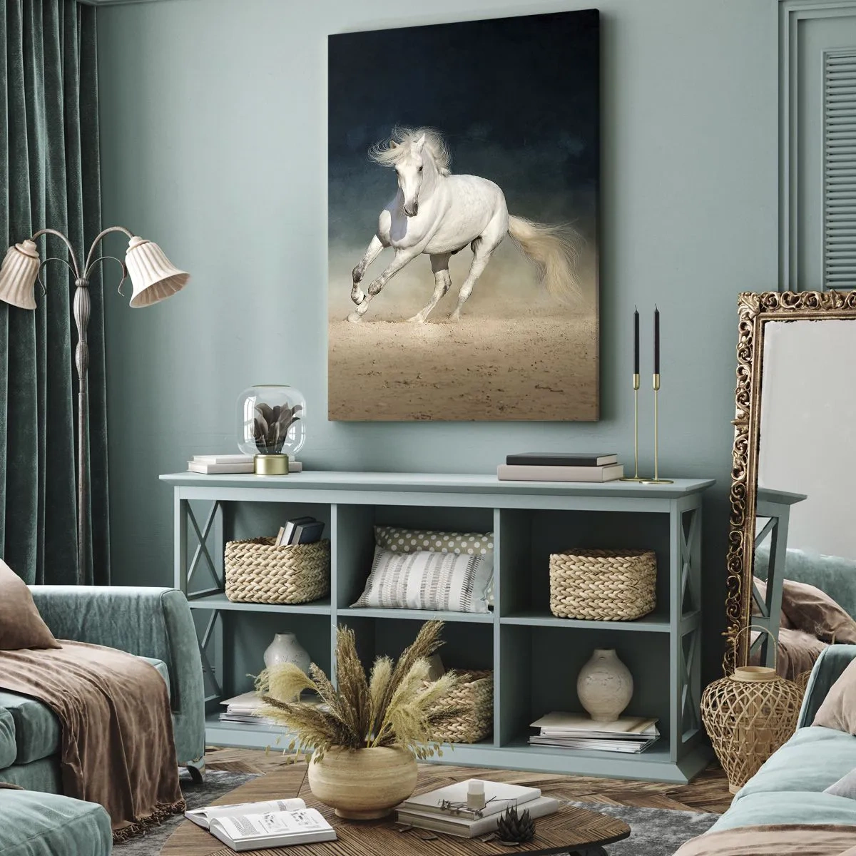 Cuadro sobre lienzo - Impresión de Imagen - Un caballo blanco galopando contra un cielo borroso - 50x70cm - Libertad en estado puro - Decoración de pared moderna para salón y dormitorio ARTTOR