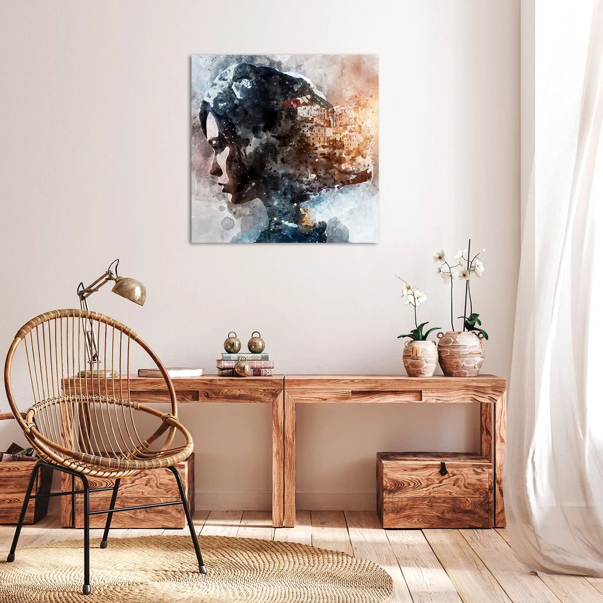 Cuadro sobre lienzo - Impresión de Imagen - Una historia sobre una niña con una ciudad de fondo - 50x50 cm