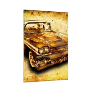 Cuadro sobre vidrio - Impresiones sobre Vidrio - Un coche retro clásico dorado sobre un fondo vintage con efecto envejecido. - 80x120cm - La belleza perdurable de los clásicos - Decoración de pared moderna para salón y dormitorio ARTTOR