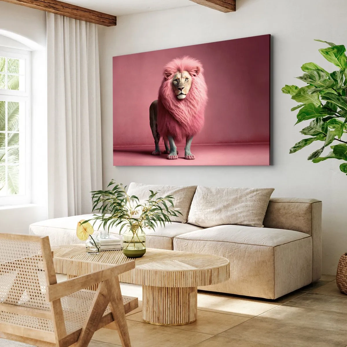 Cuadro sobre lienzo - Impresión de Imagen - Un león artísticamente representado con una melena rosa sobre un fondo rosa. - 70x50cm - Y ya no me tienes miedo - Decoración de pared moderna para salón y dormitorio ARTTOR