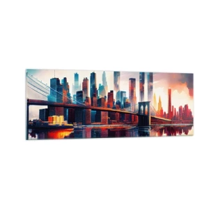 Cuadro sobre vidrio - Impresiones sobre Vidrio - Panorama de la ciudad de Nueva York con puente y reflejo en el agua - 140x50cm - Nueva York siempre luce - Decoración de pared moderna para salón y dormitorio ARTTOR