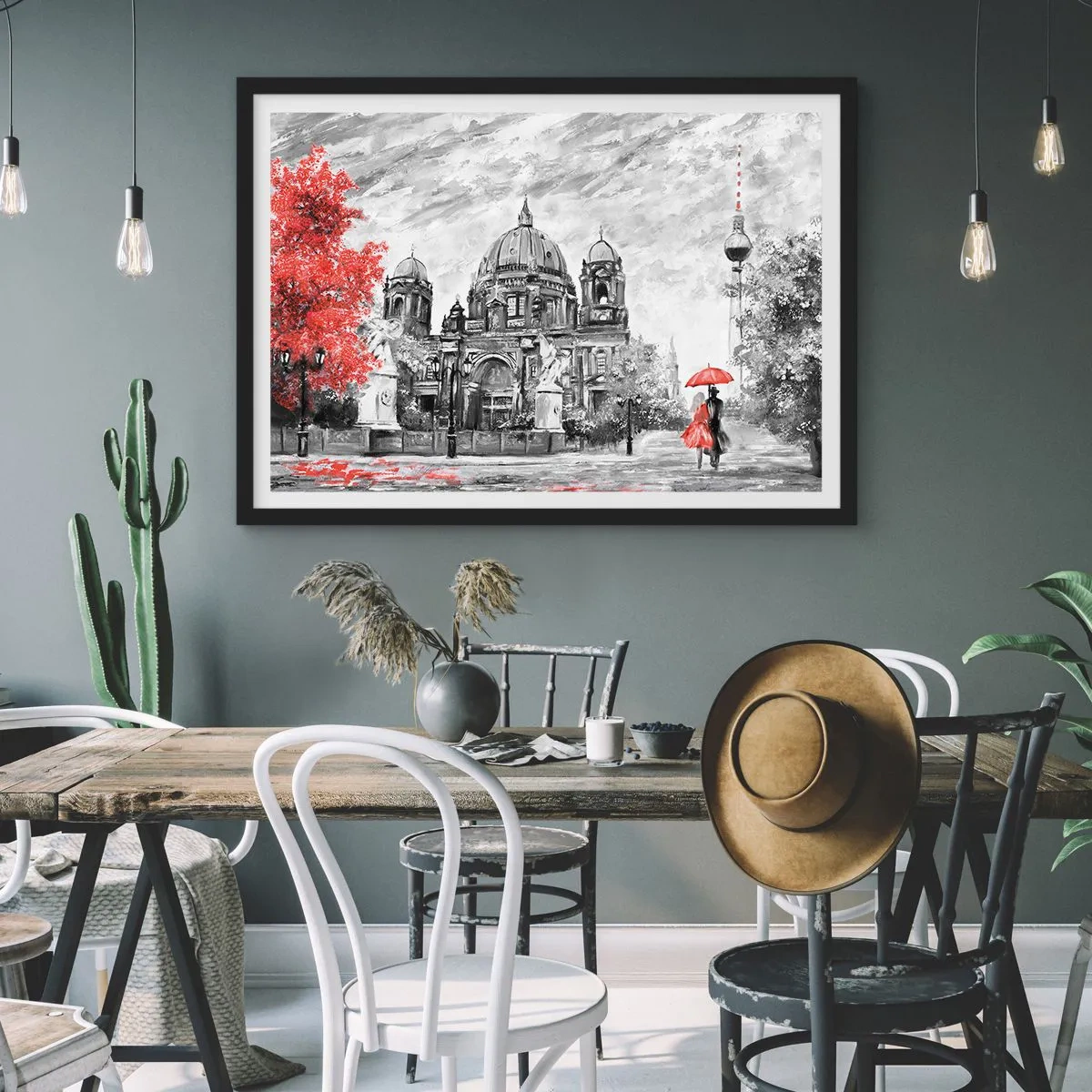 Póster en marco negro - Escena en blanco y negro con Berlín, un paraguas rojo y un árbol. - 100x70cm - Reunión en Berlín - Decoración de pared moderna para salón y dormitorio ARTTOR
