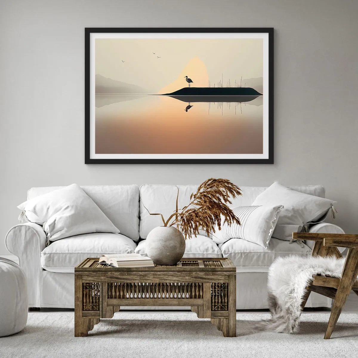 Póster en marco negro - Un pájaro en una isla en un lago tranquilo con tonos cálidos. - 70x50cm - Un caballero en el lago - Decoración de pared moderna para salón y dormitorio ARTTOR
