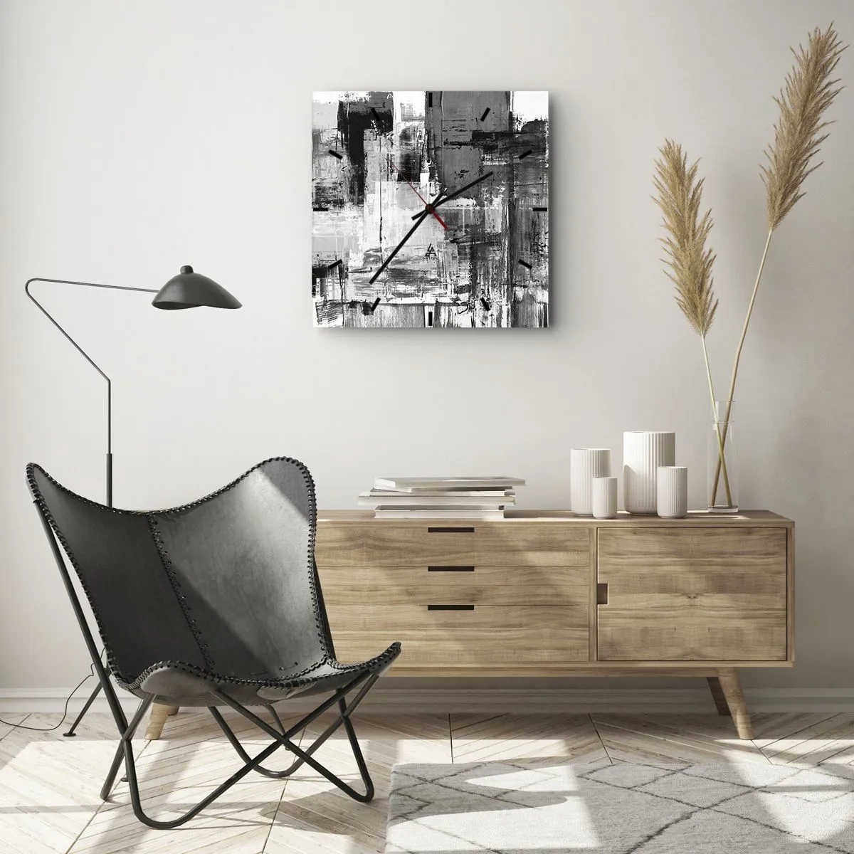 Reloj de pared - Reloj de vidrio - Composición abstracta en blanco, negro y gris. - 30x30cm - El gris es hermoso - Decoración de pared moderna para salón y dormitorio ARTTOR