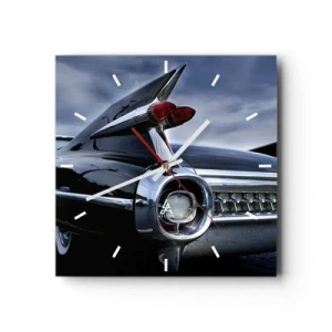 Reloj de pared - Reloj de vidrio - Un coche retro clásico con cromo brillante y aletas. - 30x30cm - ¡Por eso es hermoso! - Decoración de pared moderna para salón y dormitorio ARTTOR