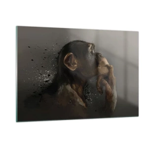 Cuadro sobre vidrio - Impresiones sobre Vidrio - Un mono pensativo sobre un fondo oscuro con efecto de salpicaduras. - 120x80cm - La evolución del pensador - Decoración de pared moderna para salón y dormitorio ARTTOR