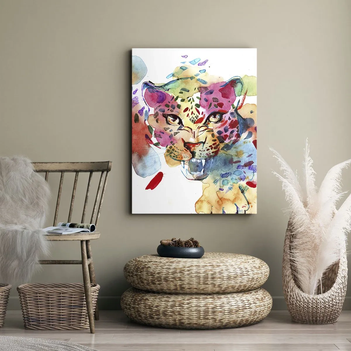 Cuadro sobre lienzo - Impresión de Imagen - Retrato abstracto de un leopardo en colores intensos. - 50x70cm - La bella y la bestia - Decoración de pared moderna para salón y dormitorio ARTTOR