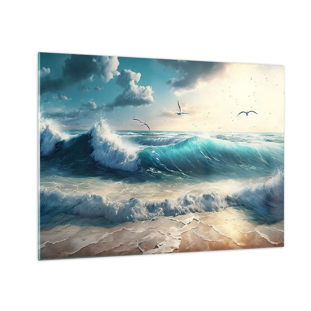Cuadro sobre vidrio - Impresiones sobre Vidrio - Olas rompiendo en la orilla a la luz de la mañana. - 70x50cm - La brisa solo para ti - Decoración de pared moderna para salón y dormitorio ARTTOR