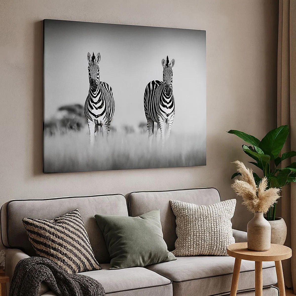 Cuadro sobre lienzo - Impresión de Imagen - Dos cebras en la sabana en estilo monocromático. - 70x50cm - Resulta que el mundo es blanco y negro - Decoración de pared moderna para salón y dormitorio ARTTOR