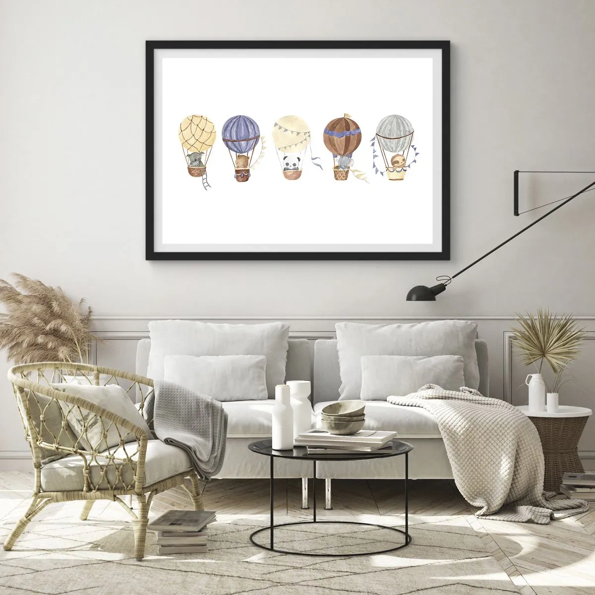 Póster en marco negro - Lindos animales en globos sobre un fondo blanco. - 70x50cm - Amigos de viaje - Decoración de pared moderna para salón y dormitorio ARTTOR