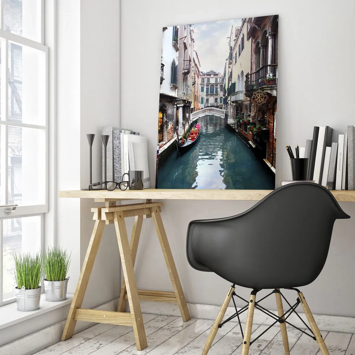 Cuadro sobre vidrio - Impresiones sobre Vidrio - Un canal veneciano con una góndola rodeada de edificios históricos. - 50x70cm - Paisaje veneciano con góndola y puente - Decoración de pared moderna para salón y dormitorio ARTTOR