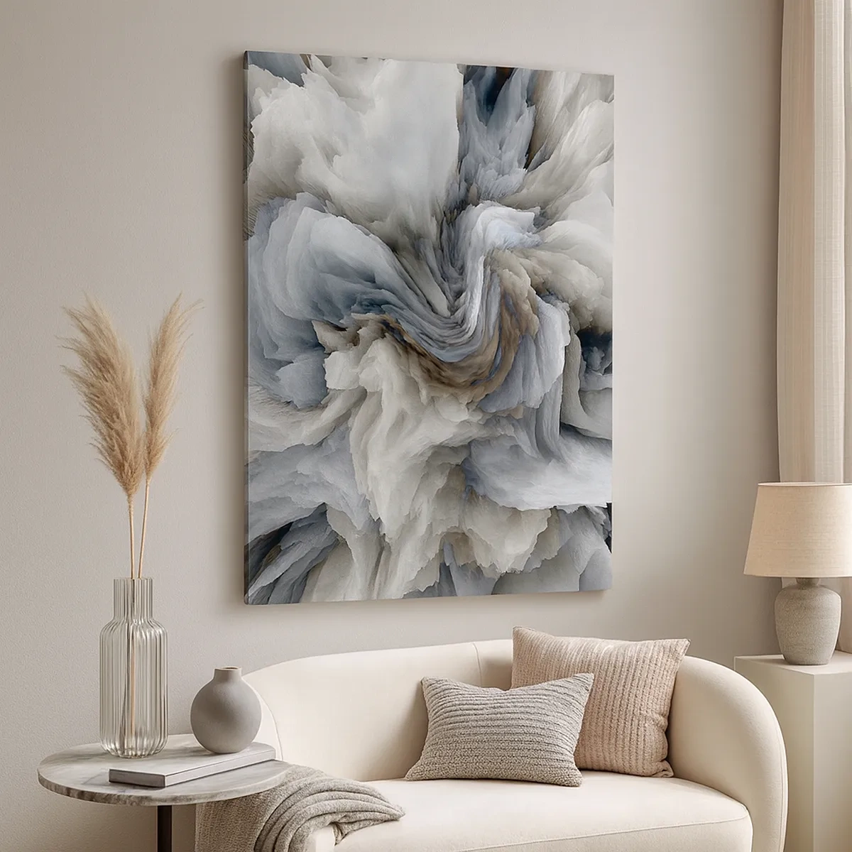 Cuadro sobre lienzo - Impresión de Imagen - Remolino abstracto en tonos de gris y azul. - 50x70cm - Piedra y flor - Decoración de pared moderna para salón y dormitorio ARTTOR