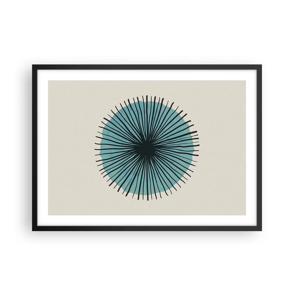 Póster en marco negro - Forma circular abstracta con rayos azules - 70x50cm - Radiante en azul - Decoración de pared moderna para salón y dormitorio ARTTOR