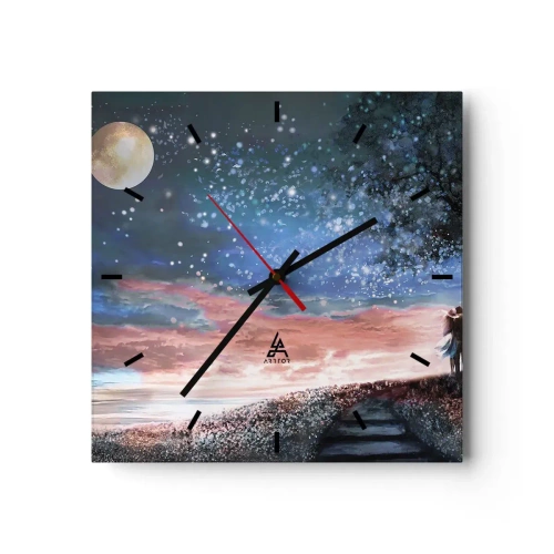 Reloj de pared - Reloj de vidrio - Escena romántica de pareja bajo la luna llena - 30x30cm - Un espectáculo estelar - Decoración de pared moderna para salón y dormitorio ARTTOR