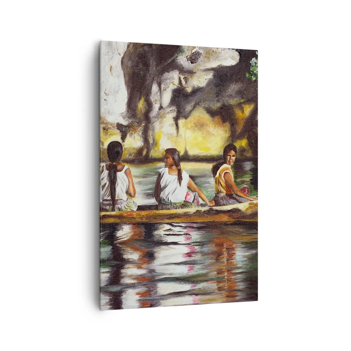 Cuadro sobre lienzo - Impresión de Imagen - Mujeres en un bote en un río tranquilo con un fondo pintoresco - 80x120cm - En un paraíso polinesio - Decoración de pared moderna para salón y dormitorio ARTTOR