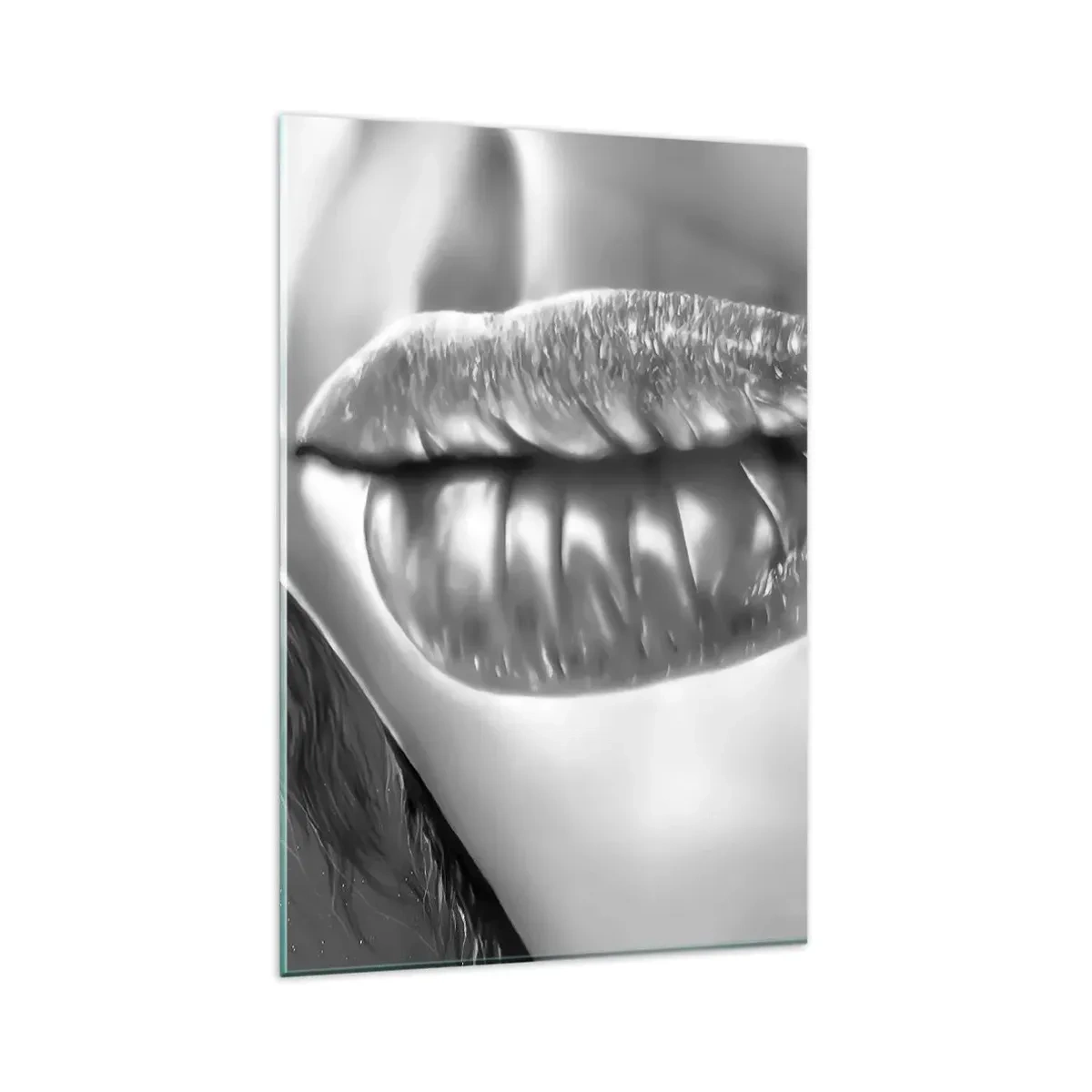 Cuadro sobre vidrio - Impresiones sobre Vidrio - Primer plano en blanco y negro de los labios de una mujer con efecto brillante y detalles. - 80x120cm - Sé lo que estás pensando... - Decoración de pared moderna para salón y dormitorio ARTTOR