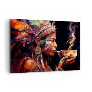 Cuadro sobre lienzo - Impresión de Imagen - Una colorida figura de estilo étnico con una taza de bebida humeante. - 100x70cm - Un ritual mágico - Decoración de pared moderna para salón y dormitorio ARTTOR