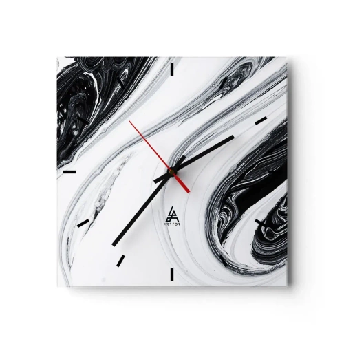 Reloj de pared - Reloj de vidrio - Abstracción en blanco y negro con líneas dinámicas y remolinos. - 30x30cm - Combinando opuestos - Decoración de pared moderna para salón y dormitorio ARTTOR