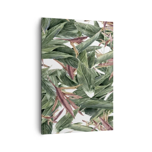 Cuadro sobre lienzo - Impresión de Imagen - Un motivo decorativo de hojas en tonos verdes y burdeos sobre un fondo claro. - 70x100cm - Naturaleza esmeralda y lila - Decoración de pared moderna para salón y dormitorio ARTTOR