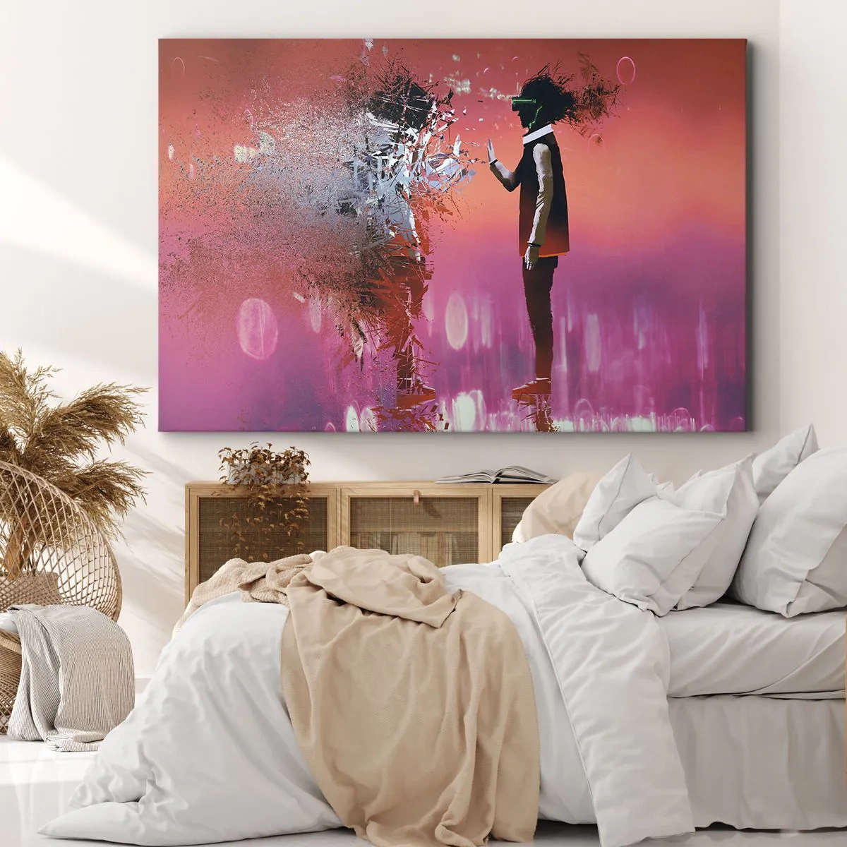 Cuadro sobre lienzo - Impresión de Imagen - Una escena abstracta con una figura futurista y elementos dispersos. - 120x80cm - ¿Es posible mirar dentro de uno mismo? - Decoración de pared moderna para salón y dormitorio ARTTOR