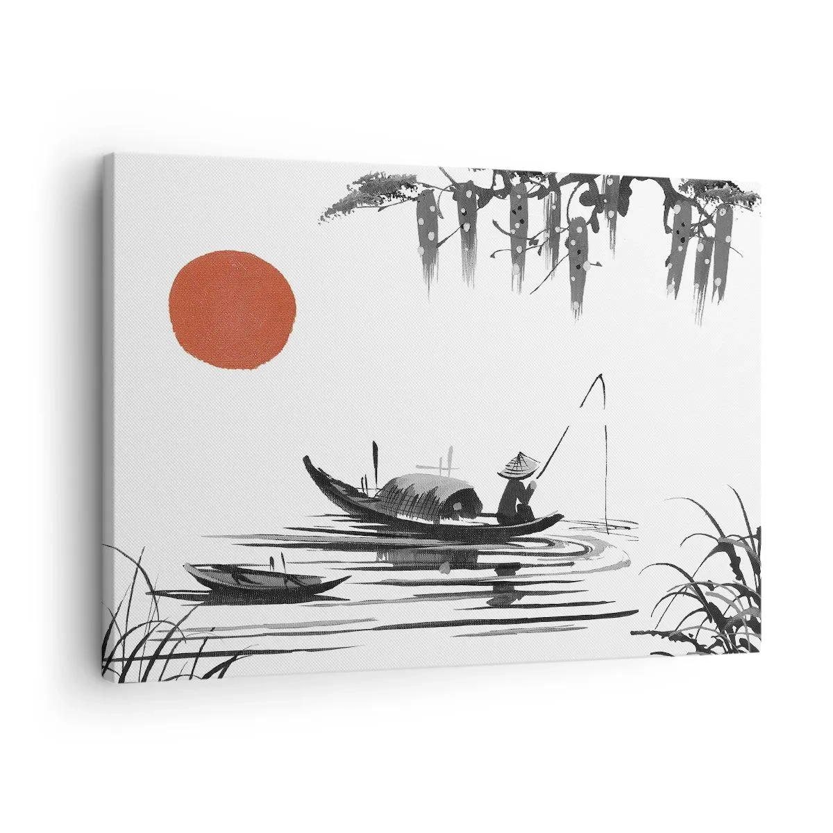 Cuadro sobre lienzo - Impresión de Imagen - Paisaje oriental con un pescador en un barco y un sol rojo. - 70x50cm - Una tarde asiática - Decoración de pared moderna para salón y dormitorio ARTTOR