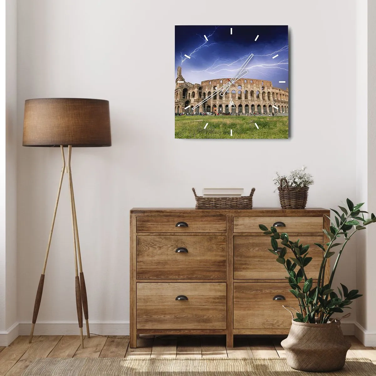 Reloj de pared - Reloj de vidrio - El Coliseo de Roma iluminado por un rayo - 30x30cm - Arena de guerreros - Decoración de pared moderna para salón y dormitorio ARTTOR