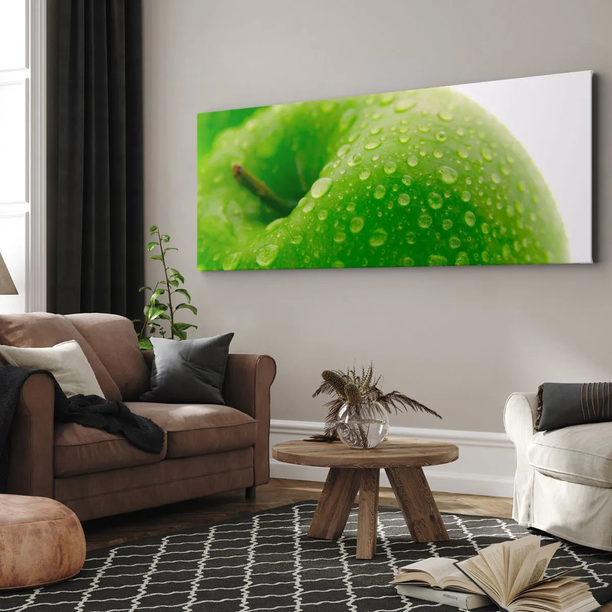 Cuadro sobre lienzo - Impresión de Imagen - Primer plano de una manzana verde con gotas de agua. - 140x50cm - Frescor verde - Decoración de pared moderna para salón y dormitorio ARTTOR