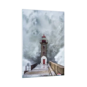 Cuadro sobre vidrio - Impresiones sobre Vidrio - Un faro rodeado de olas fuertes - 80x120cm - El rugido de las aguas, la fuerza del viento - Decoración de pared moderna para salón y dormitorio ARTTOR