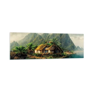 Cuadro sobre vidrio - Impresiones sobre Vidrio - Una isla tropical con palmeras y montañas al fondo. - 160x50cm - Paraíso tropical - Decoración de pared moderna para salón y dormitorio ARTTOR
