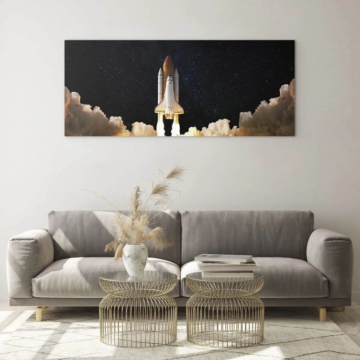 Cuadro sobre vidrio - Impresiones sobre Vidrio - Un cohete espacial despegando contra el cielo estrellado. - 120x50cm - ¡Ad astra! - Decoración de pared moderna para salón y dormitorio ARTTOR